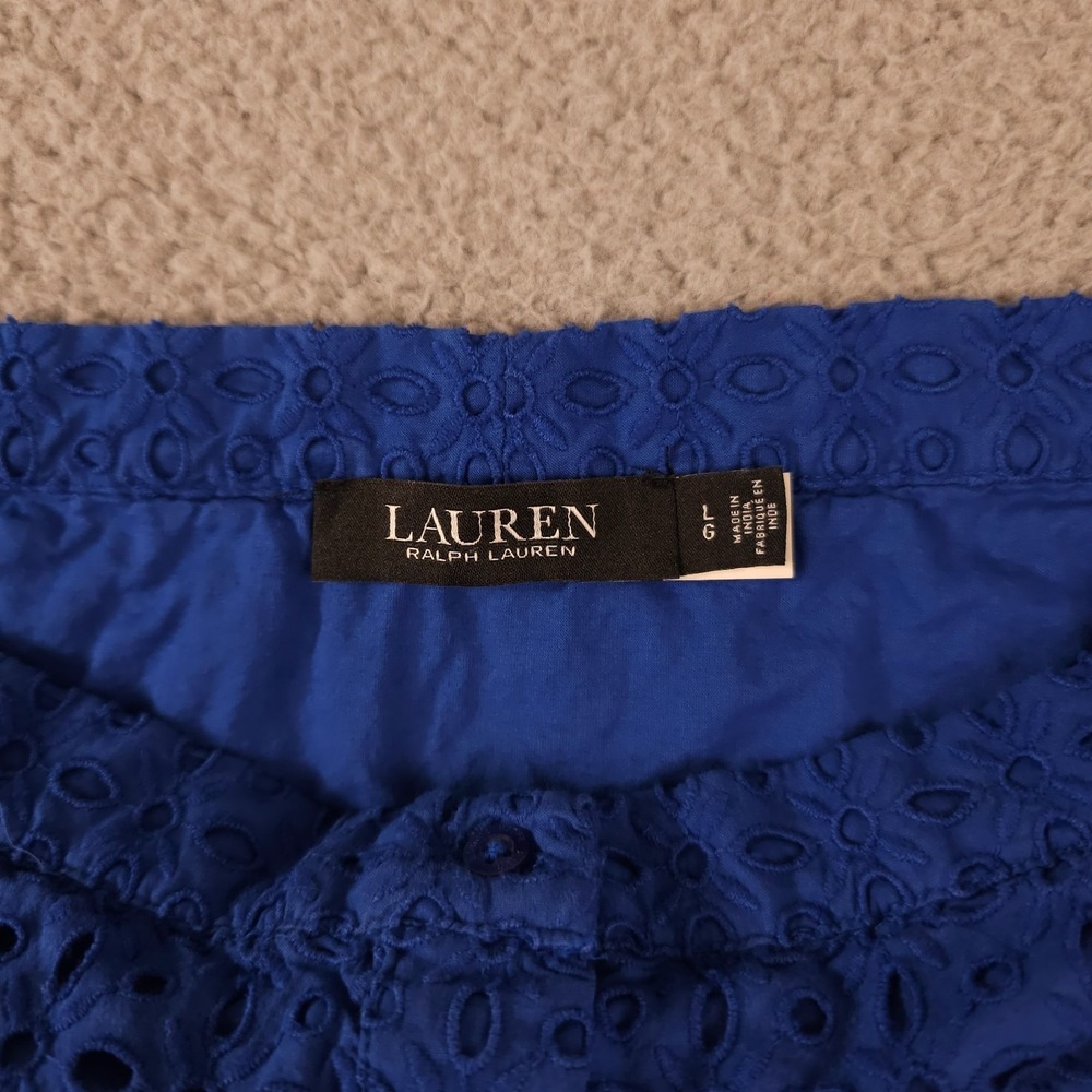 Lauren Ralph Lauren Shirt Womens Large Blue Eyelet Off The Shoulder Button Top - Picture 4 of 12